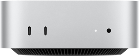 Mac mini, vista frontal, carcasa en plata, dos puertos USB-C, botón de encendido, luz de estado, rejilla de ventilación en la parte inferior