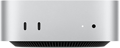 Mac mini, vista frontal, carcasa en plata, dos puertos USB-C, botón de encendido, luz de estado, rejilla de ventilación en la parte inferior