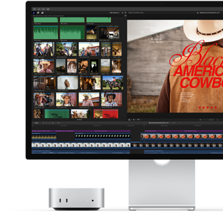 Un Mac mini con un Studio Display, la pantalla muestra el título de una película titulada Black American Cowboy a la derecha, varias imágenes de fotos fijas a la izquierda