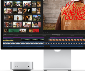 Un Mac mini con un Studio Display, la pantalla muestra el título de una película titulada Black American Cowboy a la derecha, varias imágenes de fotos fijas a la izquierda