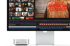 Un Mac mini con un Studio Display, la pantalla muestra el título de una película titulada Black American Cowboy a la derecha, varias imágenes de fotos fijas a la izquierda