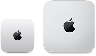 Dos Mac mini, parte superior, aluminio en plata, esquinas redondeadas, logo negro brillante de Apple en el centro, el dispositivo de la izquierda es la última versión y tiene menos de la mitad de tamaño que el de la derecha