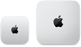 Dos Mac mini, parte superior, aluminio en plata, esquinas redondeadas, logo negro brillante de Apple en el centro, el dispositivo de la izquierda es la última versión y tiene menos de la mitad de tamaño que el de la derecha