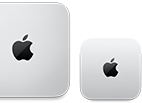 Dos Mac mini, parte superior, aluminio en plata, esquinas redondeadas, logo negro brillante de Apple en el centro, el dispositivo de la izquierda es la última versión y tiene menos de la mitad de tamaño que el de la derecha