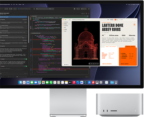 Studio Display XDR, la pantalla muestra un documento en proceso con un agente de Claude en XCode, Mac Studio, parte delantera