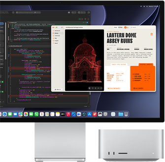 Studio Display XDR, la pantalla muestra un documento en proceso con un agente de Claude en XCode, Mac Studio, parte delantera