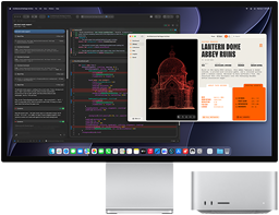 Studio Display XDR, la pantalla muestra un documento en proceso con un agente de Claude en XCode, Mac Studio, parte delantera