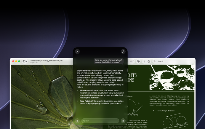 Demostración de Siri e inteligencia visual, una consulta sobre un tema en un PDF en la pantalla de un Mac, ¿Qué otros ejemplos hay de superhidrofobia en la naturaleza?, respuesta de Siri