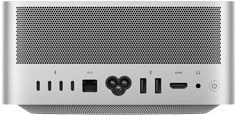 Mac Studio, parte trasera, orificios de ventilación perforados en el aluminio, cuatro puertos Thunderbolt 5, un puerto Ethernet, una toma de corriente, dos puertos USB-A, un puerto HDMI, una toma para auriculares y el botón de encendido