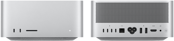 Mac Studio, parte frontal, dos puertos USB-C, ranura para tarjetas SDXC, indicador luminoso de estado, la base con diseño cónico, cubierta plana, laterales redondeados y bordes rectos, color plata, Mac Studio, parte trasera, sistema de ventilación de aluminio perforado, cuatro puertos Thunderbolt 5, un puerto Ethernet, una toma de corriente, dos puertos USB-A, un puerto HDMI, una toma para auriculares y botón de encendido