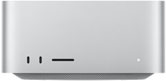 Mac Studio, parte frontal, dos puertos USB-C, ranura para tarjetas SDXC, indicador luminoso de estado, la base con diseño cónico, cubierta plana, laterales redondeados y bordes rectos, color plata, Mac Studio, parte trasera, sistema de ventilación de aluminio perforado, cuatro puertos Thunderbolt 5, un puerto Ethernet, una toma de corriente, dos puertos USB-A, un puerto HDMI, una toma para auriculares y botón de encendido