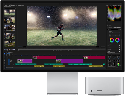 Studio Display XDR con soporte integrado, Mac Studio debajo del monitor, la pantalla muestra un proceso de edición de vídeo y graduación de color