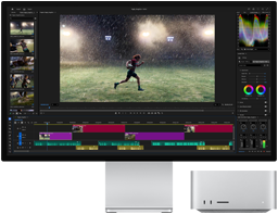Studio Display XDR con soporte integrado, Mac Studio debajo del monitor, la pantalla muestra un proceso de edición de vídeo y graduación de color
