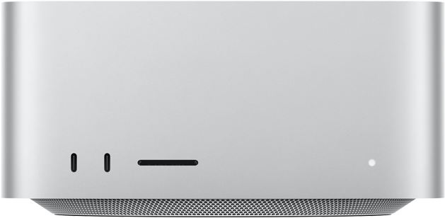 Mac Studio, parte delantera, dos puertos USB-C, ranura para tarjetas SDXC, indicador luminoso de estado, base con diseño cónico, cubierta plana, laterales redondeados, bordes rectos, color plata