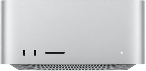 Mac Studio, parte delantera, dos puertos USB-C, ranura para tarjetas SDXC, indicador luminoso de estado, base con diseño cónico, cubierta plana, laterales redondeados, bordes rectos, color plata