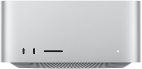 Mac Studio, parte delantera, dos puertos USB-C, ranura para tarjetas SDXC, indicador luminoso de estado, base con diseño cónico, cubierta plana, laterales redondeados, bordes rectos, color plata