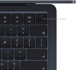 Teclado de un MacBook Air, esquina superior derecha, ubicación del botón Touch ID