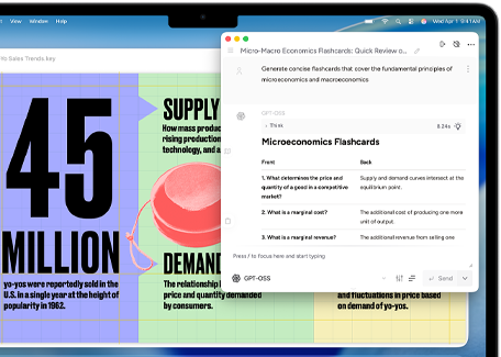 Pantalla de un MacBook Air que muestra cómo la función Herramientas de Escritura de Apple Intelligence crea fichas de estudio sobre micro y macroeconomía