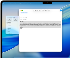 Pantalla de un MacBook Air que muestra cómo la función Herramientas de Escritura de Apple Intelligence redacta un email