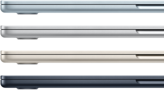 Parte exterior de cuatro portátiles MacBook Air en los cuatro acabados disponibles