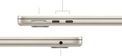 MacBook Air, cerrado, lateral izquierdo, puerto MagSafe y dos puertos Thunderbolt, lateral derecho, toma para auriculares