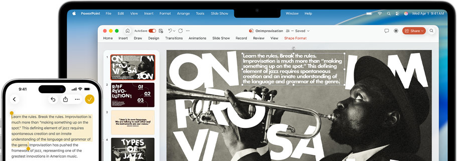 iPhone 16 Plus con texto resaltado en la app Notas, MacBook Air con una diapositiva abierta de Keynote, el texto de la app Notas aparece en la diapositiva
