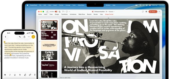 iPhone 16 Plus con texto resaltado en la app Notas, MacBook Air con una diapositiva abierta de Keynote, el texto de la app Notas aparece en la diapositiva
