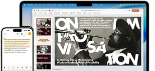 iPhone 16 Plus con texto resaltado en la app Notas, MacBook Air con una diapositiva abierta de Keynote, el texto de la app Notas aparece en la diapositiva