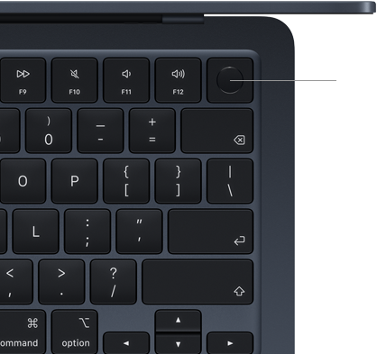 Teclado de un MacBook Air, esquina superior derecha, ubicación del botón Touch ID