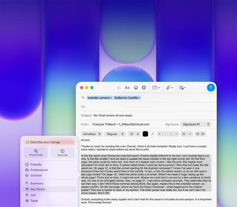 Pantalla de un MacBook Neo, prestación Herramientas de Escritura de Apple Intelligence en Mail para revisar un párrafo largo de un email con comentarios sobre una publicación