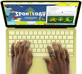 MacBook Neo, color cítrico, manos en el teclado, una persona escribe un email con una invitación a la inauguración de un evento deportivo, al lado se muestra la web del evento
