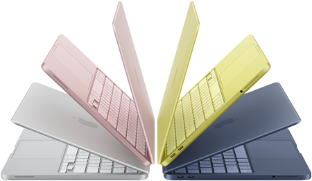 Portátiles MacBook Neo en color plata, rosa nube, cítrico e índigo semiabiertos y dispuestos en forma de arco
