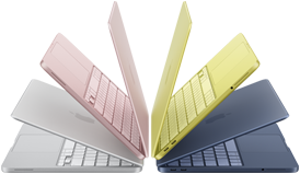 Portátiles MacBook Neo en color plata, rosa nube, cítrico e índigo semiabiertos y dispuestos en forma de arco