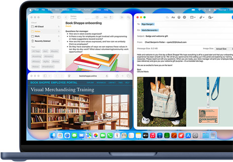 MacBook Neo, color índigo, pantalla con un email de bienvenida para una persona que empieza a trabajar en una librería, otras ventanas en mosaico con un documento sobre la incorporación en Notas y el sitio web del portal para empleados de la librería en Safari