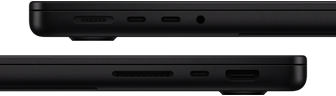 Puertos del MacBook Pro, puertos del lateral izquierdo: MagSafe 3, dos puertos Thunderbolt y toma para auriculares; puertos del lateral derecho: ranura para tarjetas SDXC, puerto Thunderbolt y puerto HDMI