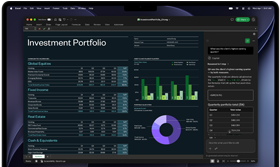 Pantalla de un MacBook Pro que muestra una hoja de cálculo de Excel con datos de una cartera de inversiones, un gráfico de barras verdes, un gráfico de dónut púrpura y la barra lateral de Copilot con los totales trimestrales