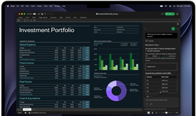 Pantalla de un MacBook Pro que muestra una hoja de cálculo de Excel con datos de una cartera de inversiones, un gráfico de barras verdes, un gráfico de dónut púrpura y la barra lateral de Copilot con los totales trimestrales