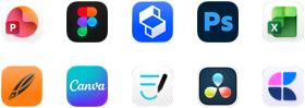 Diez iconos de apps en dos filas: PowerPoint, Figma, Shapr3D, Photoshop, Excel, Linearity, Canva, GoodNotes, DaVinci Resolve y Craft