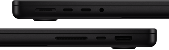 Se muestran los puertos del MacBook Pro. Lateral izquierdo: MagSafe, dos puertos Thunderbolt y toma para auriculares. Lateral derecho: SDXC, un puerto Thunderbolt y HDMI