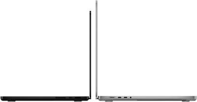 MacBook Pro de 14 pulgadas en negro espacial al lado de un MacBook Pro de 16 pulgadas en plata