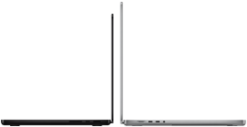 MacBook Pro de 14 pulgadas en negro espacial al lado de un MacBook Pro de 16 pulgadas en plata