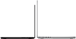 MacBook Pro de 14 pulgadas en negro espacial al lado de un MacBook Pro de 16 pulgadas en plata