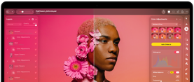 Pantalla de un MacBook Pro con la foto de una persona siendo editada en Pixelmator Pro