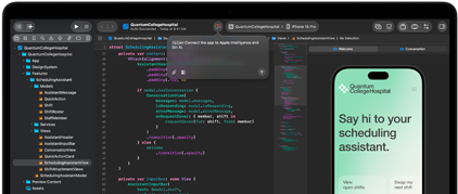 MacBook Pro, Xcode, un editor de código muestra el siguiente comentario: «Conecta la app a Apple Intelligence», vista previa en el iPhone, app Quantum College Hospital, texto que dice: «Di hola a tu asistente de programación», botones: Ver turnos disponibles, Cambiar mi próximo turno