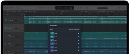 MacBook Pro, Logic Pro, pistas de ondas, panel Divisor de Stems, categorías: voces, batería, bajo, otros, cada una con una onda de audio independiente