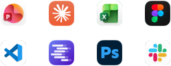 Iconos de las apps Microsoft PowerPoint, Claude de Anthropic, Microsoft Excel, Figma, Visual Studio Code, LM Studio, Adobe Photoshop y Slack