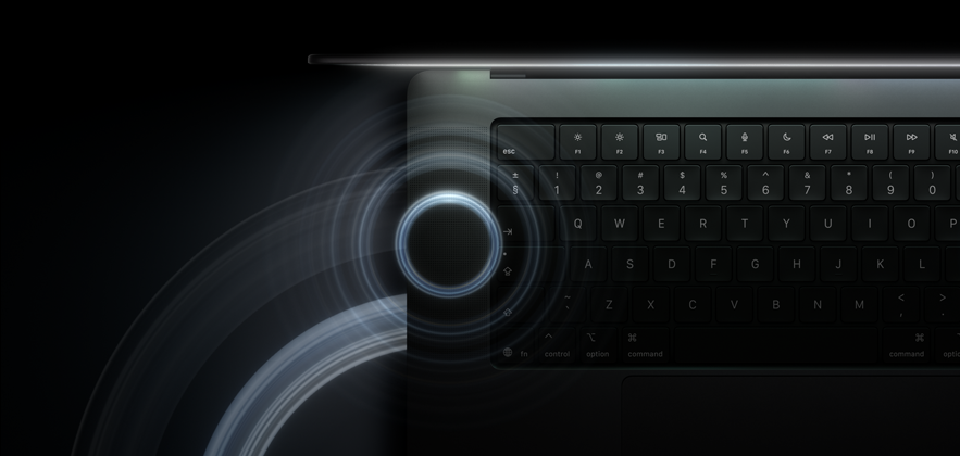 MacBook Pro con pantalla PROLED XDR, tapa abierta, color negro espacial, teclado iluminado por el brillo de la pantalla, círculos que representan ondas sonoras que emanan de la parte superior y del lateral izquierdo del portátil