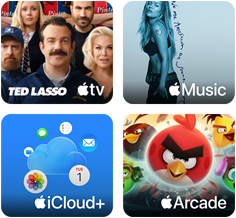Cuatro recuadros, recuadro de Apple TV con personajes de la serie Ted Lasso, recuadro de Apple Music con la portada del álbum 5ive de Davido, recuadro de iCloud Plus con una nube rodeada de iconos de la app Fotos, Calendario, Mail, Recordatorios, Mensajes y Archivos, recuadro de Apple Arcade con personajes del juego Angry Birds