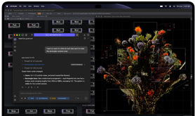 MacBook Pro con pantalla PROLED XDR, color negro espacial, la pantalla muestra la creación de una imagen con TouchDesigner y LM Studio