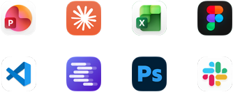 Iconos de las apps Microsoft PowerPoint, Claude de Anthropic, Microsoft Excel, Figma, Visual Studio Code, LM Studio, Adobe Photoshop y Slack